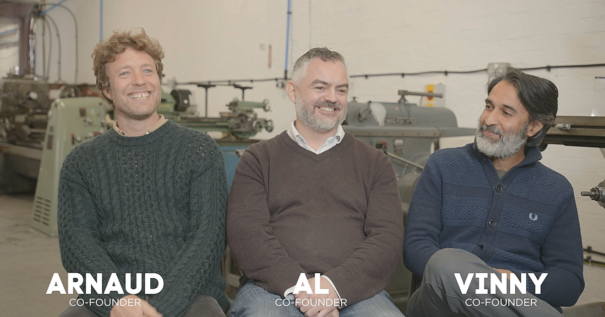 Building BloQs co-founders Al Parra, Arnaud Nichols and Avninder (Vinny) Nanray sitting in the workshop